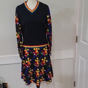 Dalani 1970 Vintage Black Long-Sleeve V-Neck Dress With Geometric Print